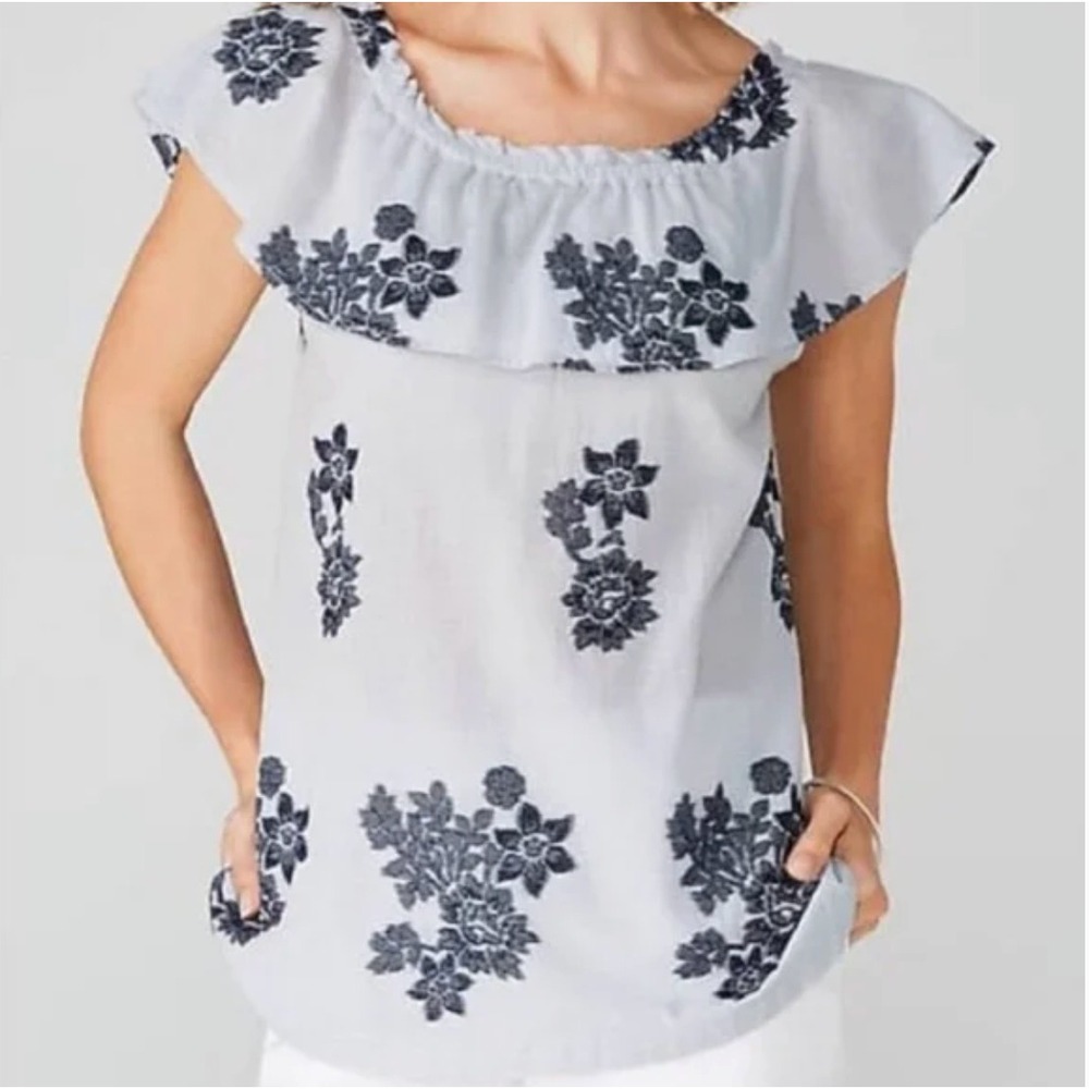 J. Jill Off Shoulder Cotton Ruffle Blue Floral Shirt‎ Petite XS